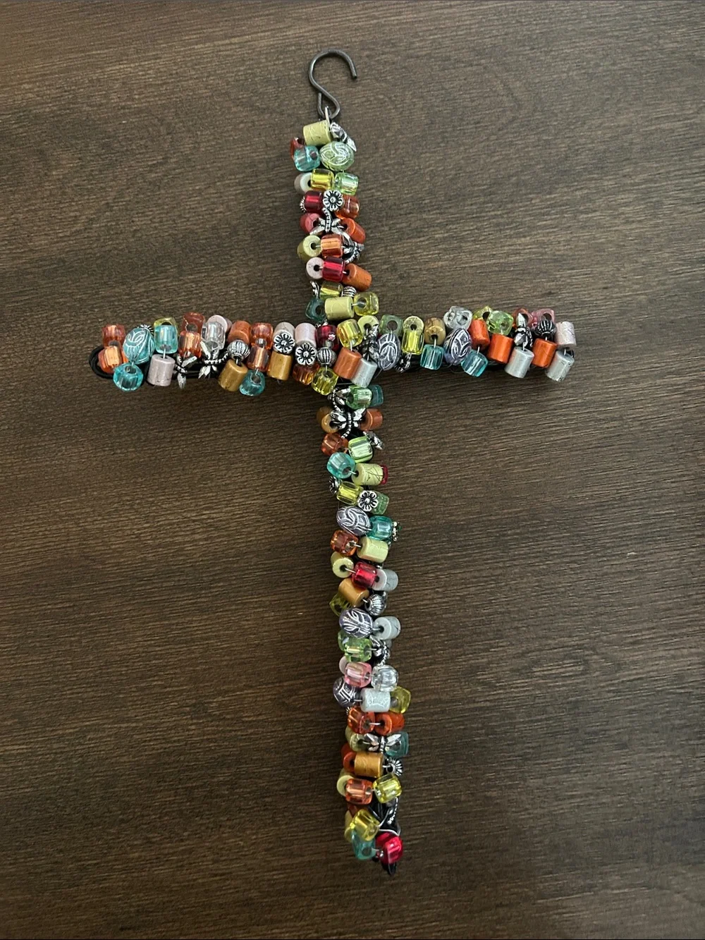 Handcrafted Multicolor Beaded Cross Wall Hanging - Decorative Accent
